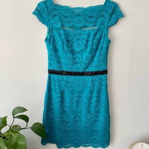 Adrianna Papell Hailey Logan Teal Lace Cocktail Dress for Party, Size 5/6